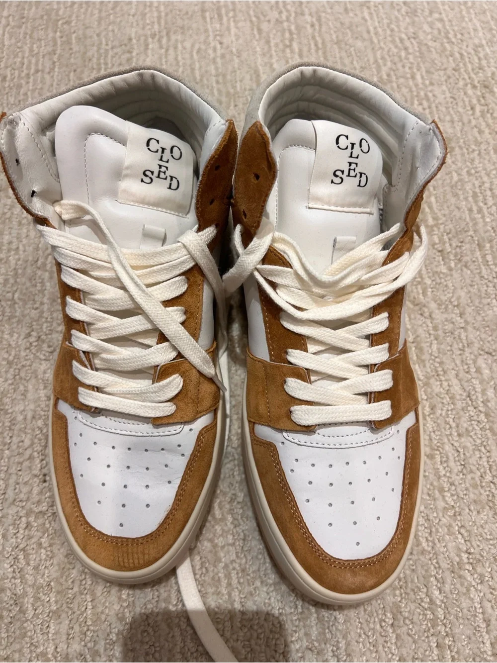 Brand New Closed Size 37 High-Top Suede & Leather Sneakers - White & Tan